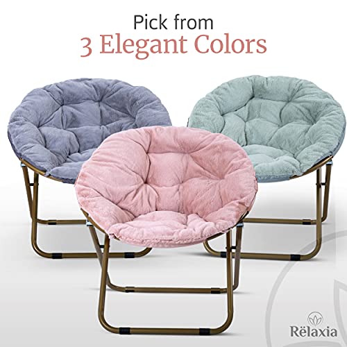 RËLAXIA Saucer Chair | 31.5x31.5x31.5’’ | Fluffy Faux Fur Moon Chair with Strong Steel Legs | Foldable, Grey Comfy Chair | Footrest Included | Stylish Saucer Chairs for Adults and Kids (Pink)