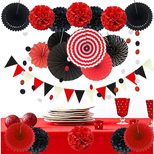 ZERODECO Party Decoration, 21 Pcs Black and Red Hanging Paper Fans Pom Poms Flowers, Garlands String Polka Dot and Triangle Bunting Flags for Minnie Mouse Birthday Parties Baby Showers Wedding