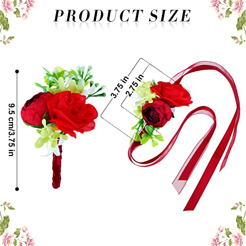 Maitys 8 Pieces Wrist Corsage and Boutonniere Set Buttonholes for Women and Men Corsage Wristband Roses Wedding Accessories for Groom Groomsman Brides Prom(Red)