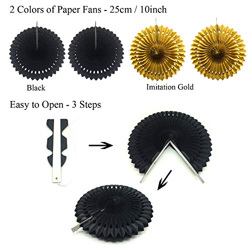 ZERODECO Party Decoration, 21 Pcs Black and Gold Hanging Paper Fans, Pom Poms Flowers, Garlands String Polka Dot and Triangle Bunting Flags for Birthday Parties Wedding Décor, Table & Wall Decorations