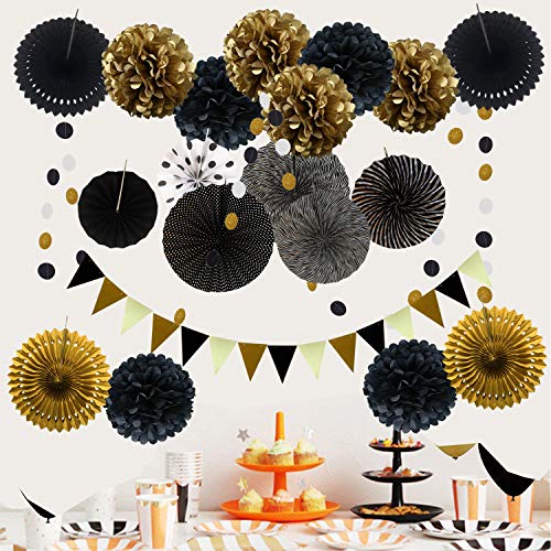 ZERODECO Party Decoration, 21 Pcs Black and Gold Hanging Paper Fans, Pom Poms Flowers, Garlands String Polka Dot and Triangle Bunting Flags for Birthday Parties Wedding Décor, Table & Wall Decorations