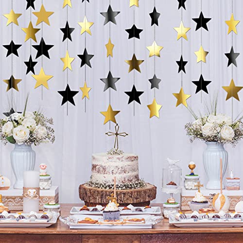 Glitter Star Garland Banner Decoration, 130 Feet Bright Gold Star Hanging Bunting Banner Backdrop for Engagement Wedding Baby Shower Birthday Christmas Decor (Black, Gold)