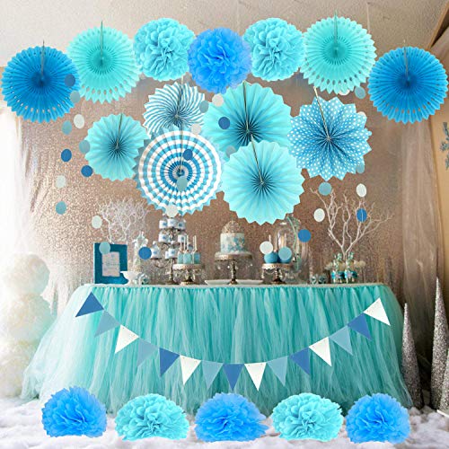 ZERODECO Party Decoration, 21 Pcs Blue Hanging Paper Fans, Pom Poms Flowers, Garlands String Polka Dot and Triangle Bunting Flags for Boy Birthday Parties, Bridal Showers, Baby Showers, Wedding