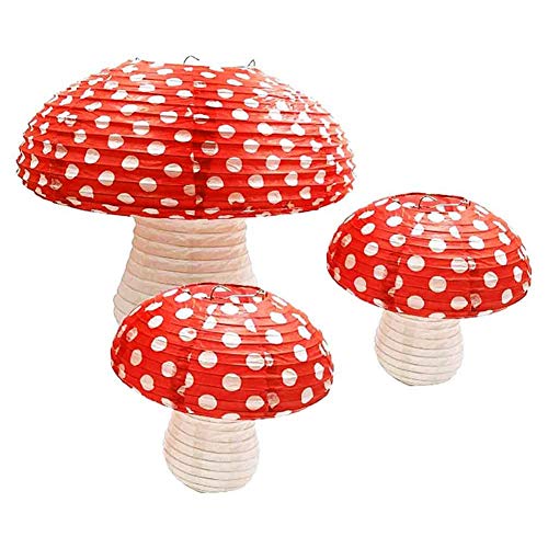 3Pcs Large Mushroom Shaped Paper Lanterns for Forest Jungle Wonderland Theme Birthday Party Decor Hanging 3D Mushroom Ornament Backdrop for Fairy Baby Shower Nursery Garden Wedding Decoration