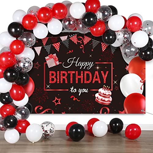 Birthday Party Decorations 50 Pieces Balloons Garland Kit Happy Birthday Backdrop Banner Sign Decorations for Kids Men Women Anniversary Birthday Party Supplies Decor(Red and Black)