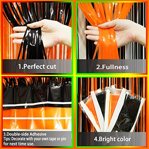 Black Orange Party Foil Curtains - Halloween Graduation Party Metallic Tinsel Foil Fringe Curtains Construction Birthday Baby Shower Wedding Party Photo Booth Props Backdrops Decorations, 4pc