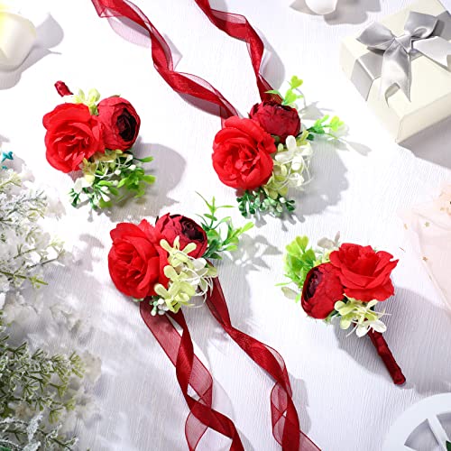 Maitys 8 Pieces Wrist Corsage and Boutonniere Set Buttonholes for Women and Men Corsage Wristband Roses Wedding Accessories for Groom Groomsman Brides Prom(Red)