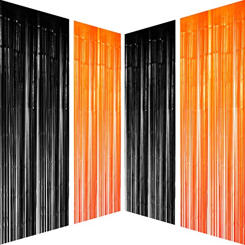 Black Orange Party Foil Curtains - Halloween Graduation Party Metallic Tinsel Foil Fringe Curtains Construction Birthday Baby Shower Wedding Party Photo Booth Props Backdrops Decorations, 4pc