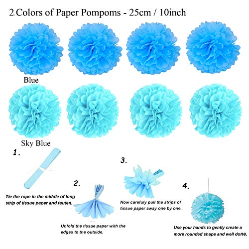 ZERODECO Party Decoration, 21 Pcs Blue Hanging Paper Fans, Pom Poms Flowers, Garlands String Polka Dot and Triangle Bunting Flags for Boy Birthday Parties, Bridal Showers, Baby Showers, Wedding