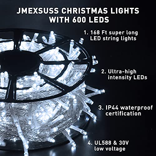 JMEXSUSS 168FT 600 LED Christmas Lights Outdoor Waterproof 8 Modes Indoor Christmas String Lights Cool White Christmas Tree Lights Plug in for Room Bedroom Wedding Party Holiday Christmas Decorations