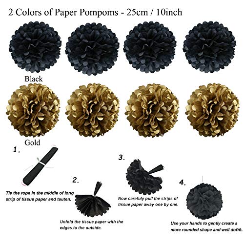 ZERODECO Party Decoration, 21 Pcs Black and Gold Hanging Paper Fans, Pom Poms Flowers, Garlands String Polka Dot and Triangle Bunting Flags for Birthday Parties Wedding Décor, Table & Wall Decorations