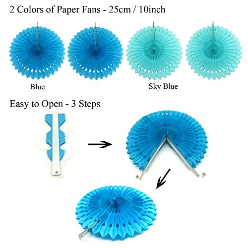 ZERODECO Party Decoration, 21 Pcs Blue Hanging Paper Fans, Pom Poms Flowers, Garlands String Polka Dot and Triangle Bunting Flags for Boy Birthday Parties, Bridal Showers, Baby Showers, Wedding