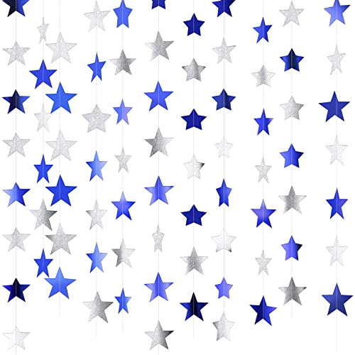 Glitter Star Garland Banner Decoration, 130 Feet Bright Gold Star Hanging Bunting Banner Backdrop for Engagement Wedding Baby Shower Birthday Christmas Decor (Ocean Blue, Glitter Silver)