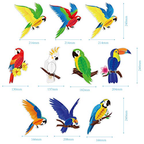 10 Pieces Tropical Birds Honeycomb Paper Cutouts, Parrot Honeycomb, Hawaiian Summer Beach Luau Party Hanging Decorations for Tiki Bar Home Classroom Supplies