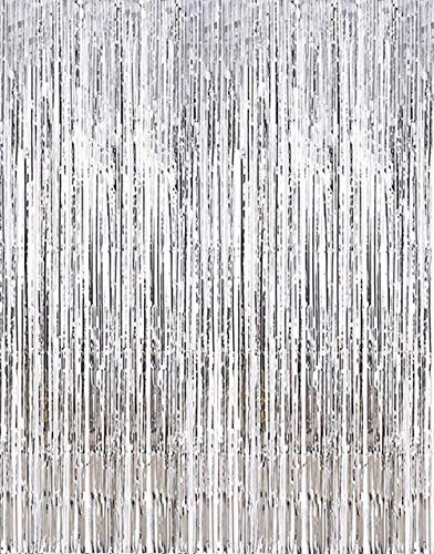 2 Pcs 3.2ft x 8.2ft Shiny Silver Metallic Tinsel Foil Fringe Curtains Photo Booth Backdrop for Birthday Wedding Holiday Celebration Bachelorette Party Decorons (Silver)