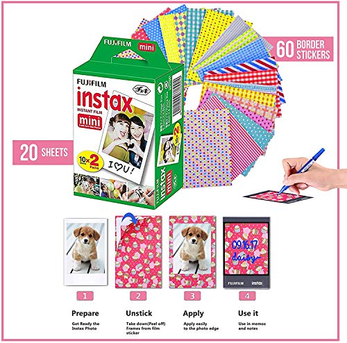 Fujifilm Instax Mini Instant Film (5 Pack, 100 Sheets) 5 Plastic Desk Frames + 60 Sticker Frames + 2 Packs Corner Stickers