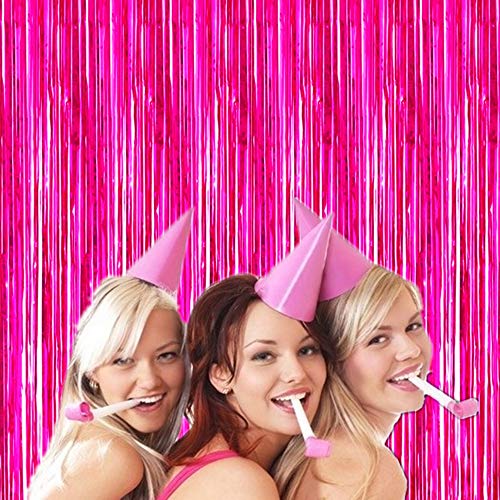 2 Pcs 3.2ft x 8.2ft Shiny Hot Pink Metallic Tinsel Foil Fringe Curtains Photo Booth Backdrop for Birthday Wedding Holiday Celebration Bachelorette Party Decorations (Hot Pink)