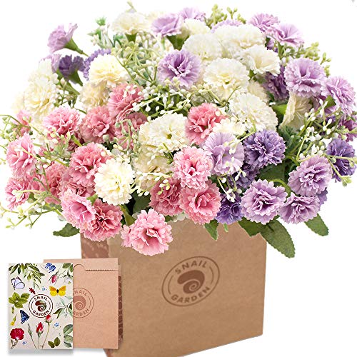 SNAIL GARDEN 3Pack Artificial Carnation Flowers, 20Heads Per Bunche Silk Chrysanthemum Marigold Wildflowers with 1 Vase Kraft Paper Bag for Home Office Table Décor Wedding Flower Bouquet