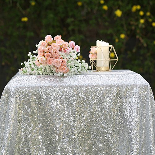 PartyDelight Sequin Tablecloth, Sequin Table Overlay Square, 50"x50", Silver.