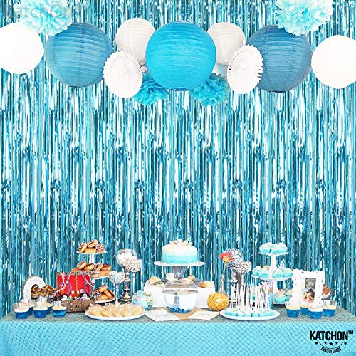 KatchOn, XtraLarge, Blue Foil Fringe Curtain - 6.4x8 Feet, Pack of 2 | Blue Backdrop Curtain for Under The Sea Party Decorations | Ocean Backdrop | Blue Tinsel Backdrop, Mermaid Birthday Decorations