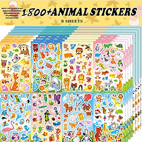 Sinceroduct Animal Stickers Assortment Set, 8 Sheets (1800+ Count), 16 Themes Collection for Kids, Children, Teacher, Parent, Grandparent, School