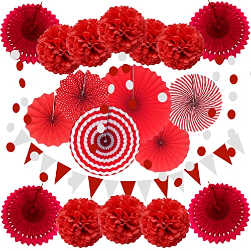 ZERODECO Party Decoration, 21 Pcs Red Hanging Paper Fans Pom Poms Flowers, Garlands String and Triangle Bunting Flags for Birthday Parties Baby Showers Wedding