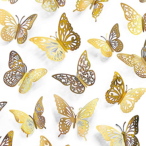 72 Pcs Butterfly Wall Decor Stickers, 6 Styles Gold Butterfly Decorations, 3 Sizes 3D Butterfly Party Decorations/Birthday Decorations/Cake Decorations, Gold Butterflies for Gold Wall Decor Room Decor