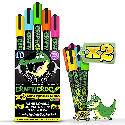 Crafty Croc Liquid Chalk Markers, Neon Chalk Pens Glow Under Blacklight, Includes 2 Each Fluorescent Yellow, Blue, Green, Orange and Pink (10 Pack)