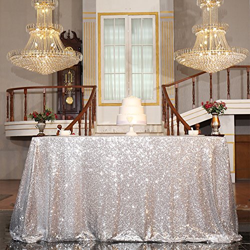 PartyDelight Sequin Tablecloth, Sequin Table Overlay Square, 50"x50", Silver.