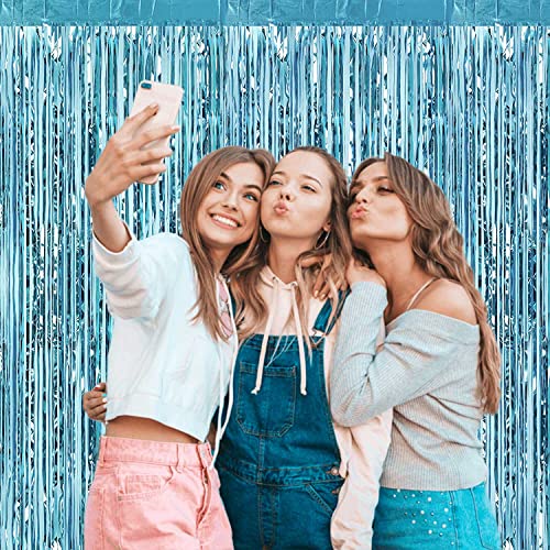 4 Pack Light Blue Foil Fringe Curtain Backdrop, 3.3Ft x 9.8Ft Metallic Tinsel Foil Fringe Streamers Curtains for Photo Booth, Wedding, Thanksgiving, Birthday, Christmas, Halloween Party Decoration