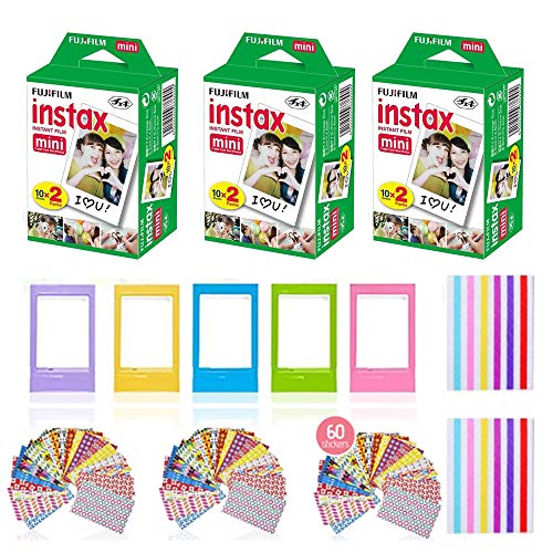 Fujifilm Instax Mini Instant Film (3 Pack, 60 Sheets) 5 Plastic Desk Frames + 60 Sticker Frames + 2 Packs Corner Stickers