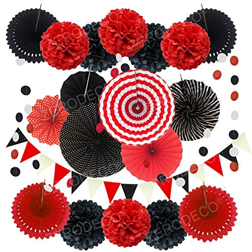 ZERODECO Party Decoration, 21 Pcs Black and Red Hanging Paper Fans Pom Poms Flowers, Garlands String Polka Dot and Triangle Bunting Flags for Minnie Mouse Birthday Parties Baby Showers Wedding