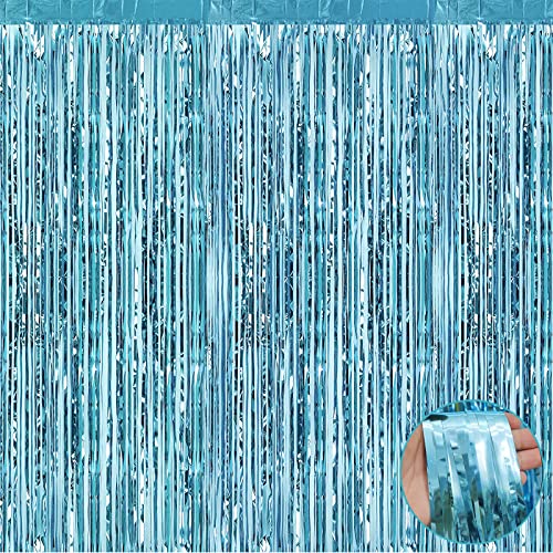 4 Pack Light Blue Foil Fringe Curtain Backdrop, 3.3Ft x 9.8Ft Metallic Tinsel Foil Fringe Streamers Curtains for Photo Booth, Wedding, Thanksgiving, Birthday, Christmas, Halloween Party Decoration