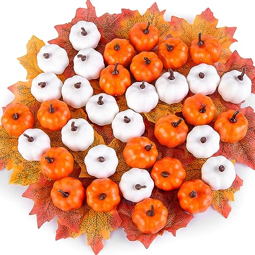 DomeStar 36PCS Mini Pumpkins for Decoration, White and Orange Assorted Mini Pumpkins Crafts with Faux Maple Leaves Foam Pumpkins for Fall Wedding Thanksgiving Table Centerpieces Decor