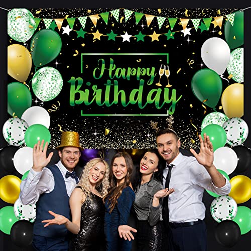 Birthday Party Decorations 50 Pieces Balloons Garland Kit Happy Birthday Backdrop Banner Sign Decorations for Kids Men Women Anniversary Birthday Party Supplies Decor(Green and Black)