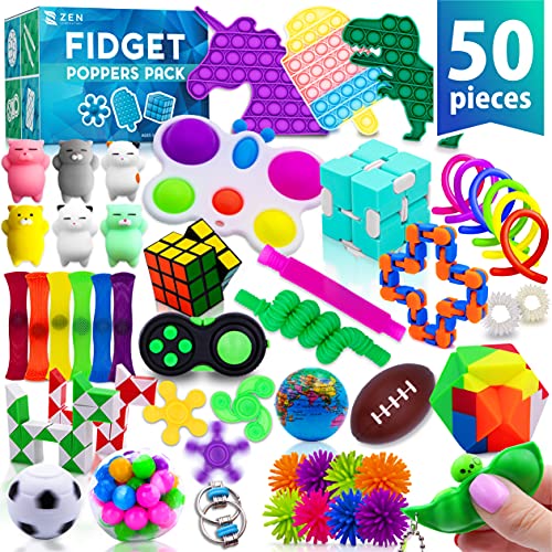 (50 Pcs) Fidget Toys, Pop It Its Fidgets Small Toy Bulk Pack Girls Boys, Mini Popit Figetget Set, Autism Sensory Toys Autistic Toddlers Kids ADHD, Treasure Chest Classroom Prizes Party Favors Poppers