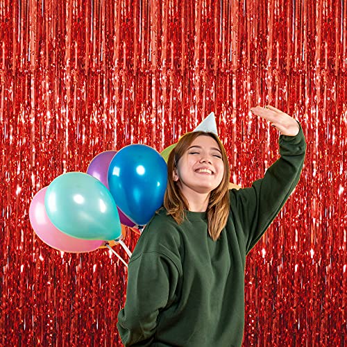 GOER 3.2 ft x 9.8 ft Metallic Tinsel Foil Fringe Curtains for Party Photo Backdrop Wedding Decor (1 Pack, Red)