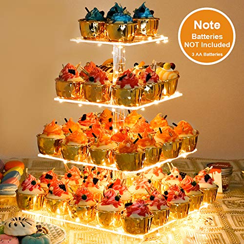 Cupcake Stand - Premium Cupcake Holder - Acrylic Cupcake Tower Display - Cady Bar Party Décor - 4 Tier Acrylic Display for Pastry + LED Light String - Ideal for Weddings, Birthday (Yellow Light)