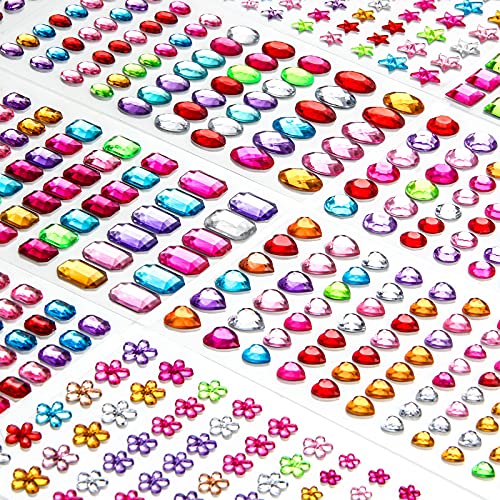 1246 PCS Self Adhesive Gems Stickers, Jewels Stickers with Multiple Colors and Assorted Shapes for Crafts, 14 Sheets Multiple Sizes Bling Rhinestone Stickers for Card Making Decorations